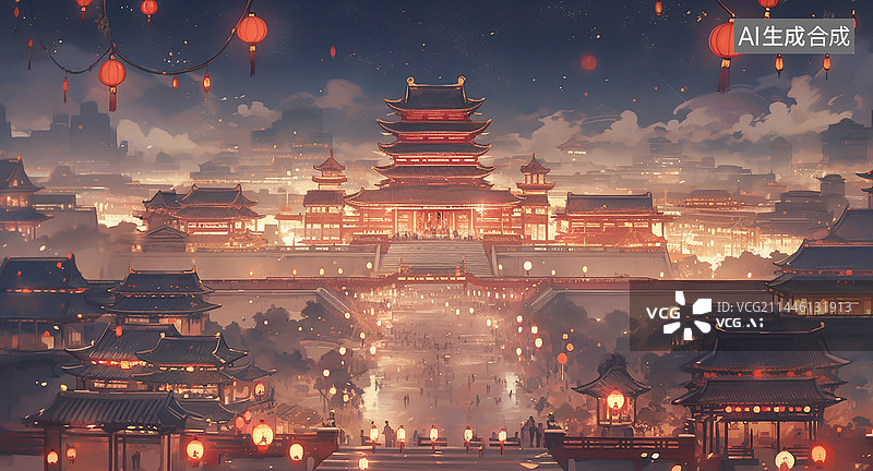 【AI数字艺术】大唐盛世不夜城，古代建筑插画图片素材