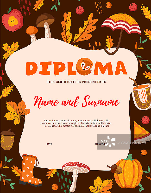 卡通儿童文凭：秋季和感恩节食物图片素材