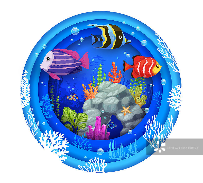 卡通热带鱼海藻剪纸图片素材