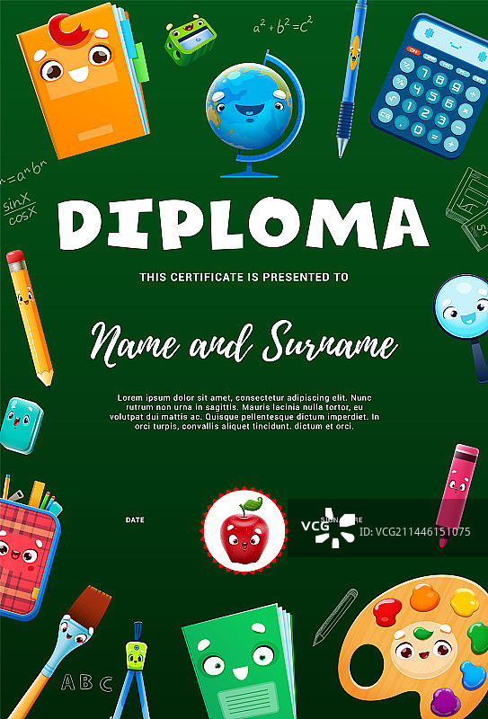 卡通学校用品人物儿童文凭图片素材