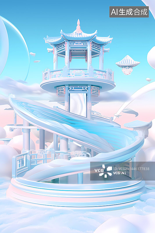【AI数字艺术】唯美中国风天空庭院场景图片素材