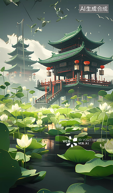 【AI数字艺术】中国风唯美夏季节日庭院插画图片素材