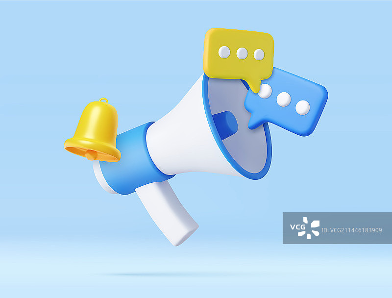 带语音气泡和铃铛的3D扩音器图片素材