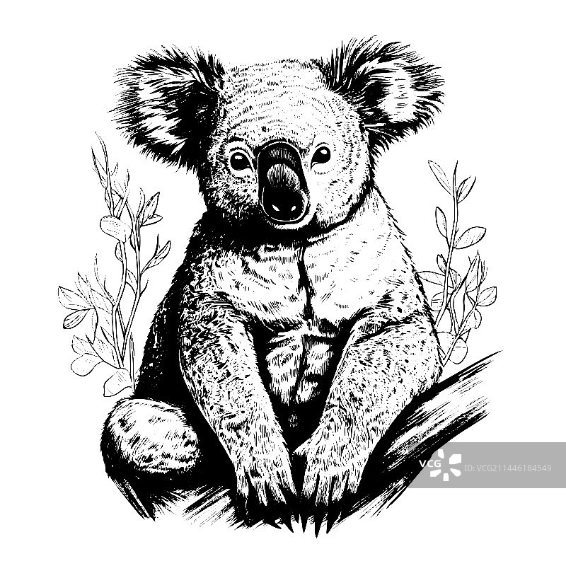 手绘雕刻风格的考拉素描图片素材