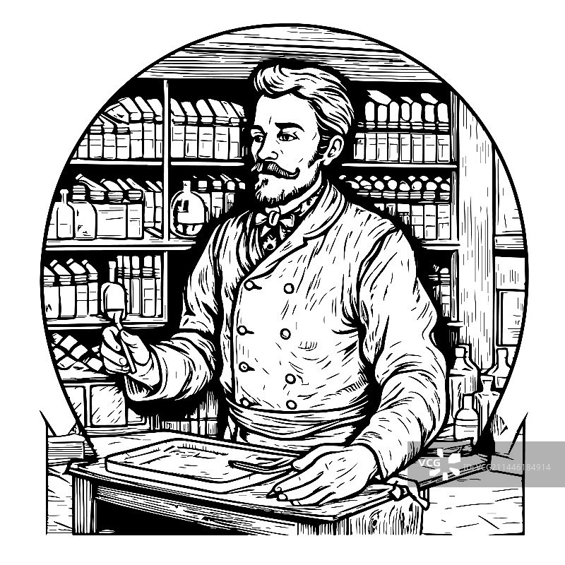 药剂师手绘雕刻插画图片素材
