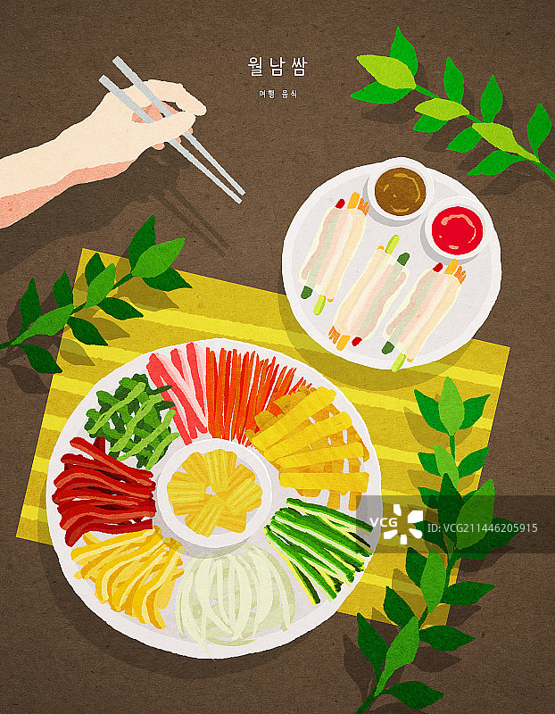 俯拍春卷与手图片素材