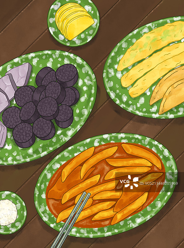 美食小吃：炒年糕和血肠图片素材