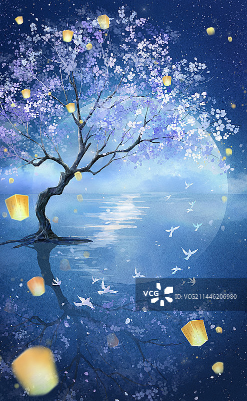 古风唯美插画镜花水月图片素材