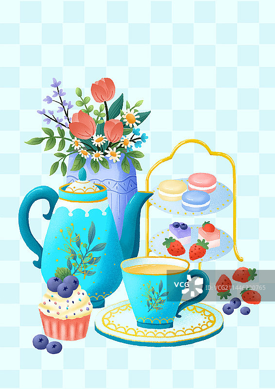 欧式下午茶花束糕点插画图片素材
