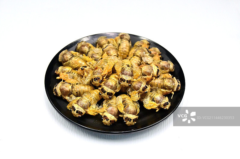 山东特色美食油炸刚蜕皮的知了猴图片素材