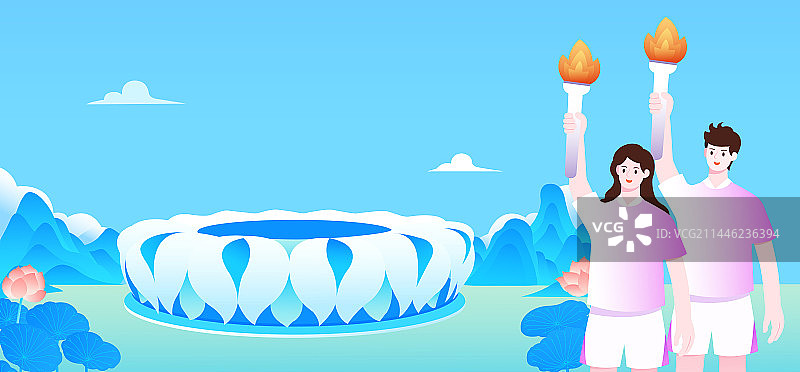 男女火炬手站在杭州奥体中心体育场矢量插画，大莲花，杭州亚运会场馆，杭州亚运会开幕式宣传图片素材