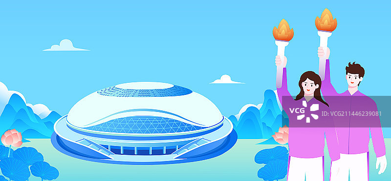 男女火炬手站在杭州淳安界首体育中心自行车馆矢量插画，，杭州亚运会场馆，杭州亚运会开幕式宣传图片素材