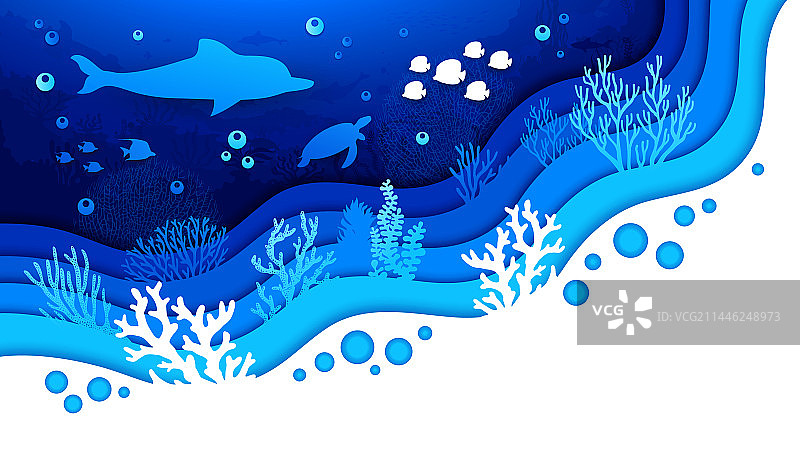 水下剪纸风景海豚和海龟图片素材