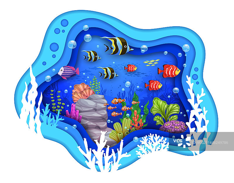 卡通热带珊瑚鱼群和海藻图片素材