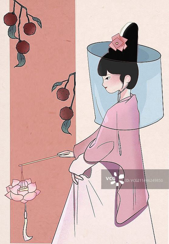 一古装女子在荔枝树下提荷花灯逛集市扁平插画图片素材