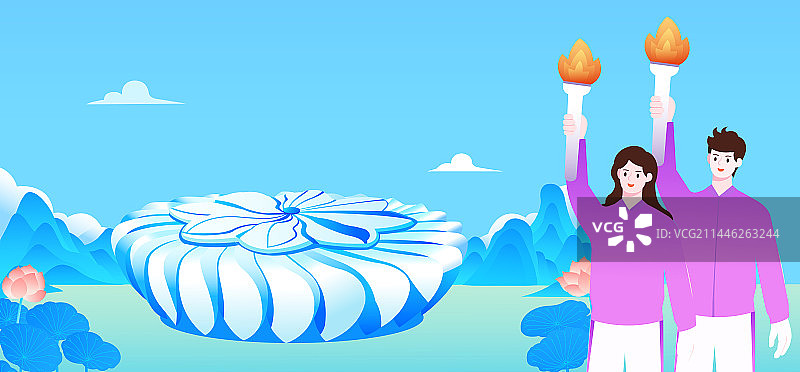 男女火炬手站在杭州奥体中心网球中心矢量插画，小莲花，杭州亚运会场馆，杭州亚运会开幕式宣传图片素材