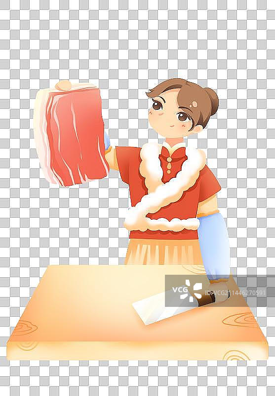 正要切肉的少女——新年人物系列插画元素图片素材