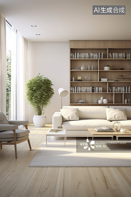 【AI数字艺术】明亮的客厅一角沙发茶几绿植阳光图片素材