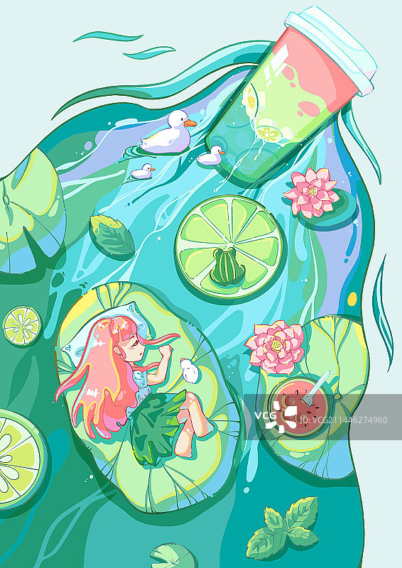 夏日池塘午睡的女孩图片素材