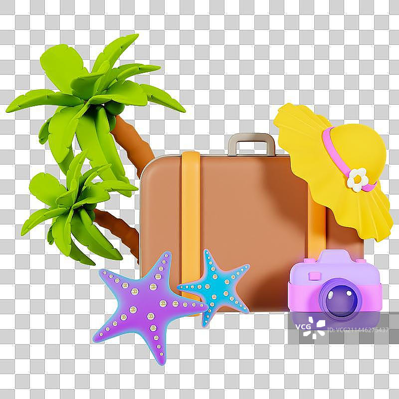 手提行李箱帽子海星椰子树相机元素图片素材