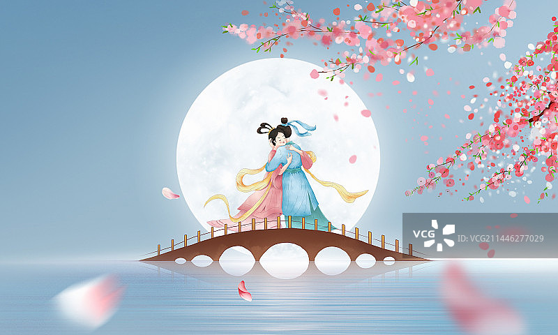 七夕情人节牛郎织女桥上情侣相会 古代神话传说场景 国潮插画图片素材