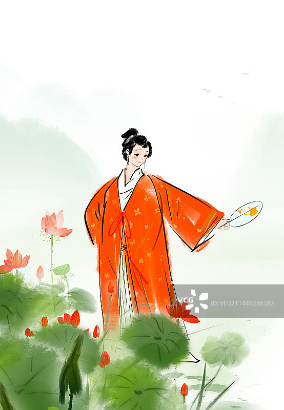 在花丛中玩红色的小女孩图片素材