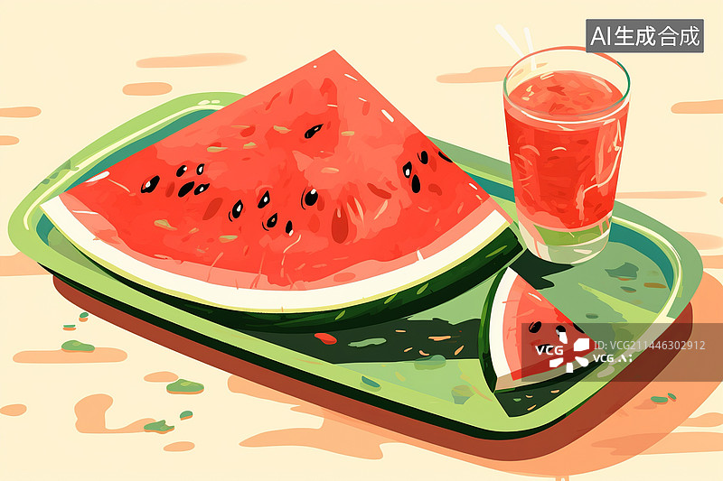 【AI数字艺术】切开的西瓜放在果盘里的插画图片素材
