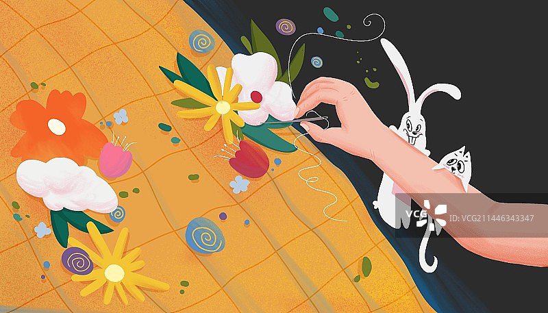 手缝针脚，开出花，兔子和猫咪图片素材