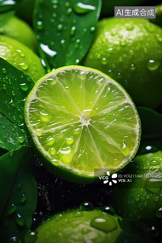 【AI数字艺术】沾着水珠的青柠檬图片素材