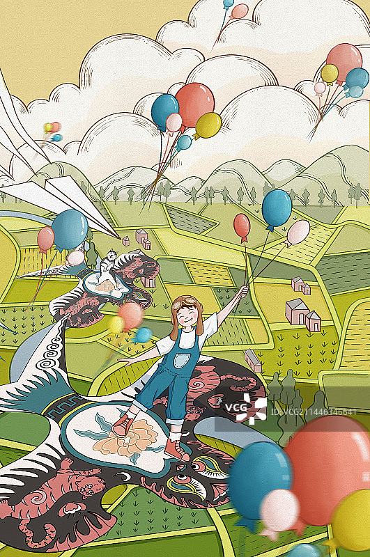 稻田放风筝图片素材