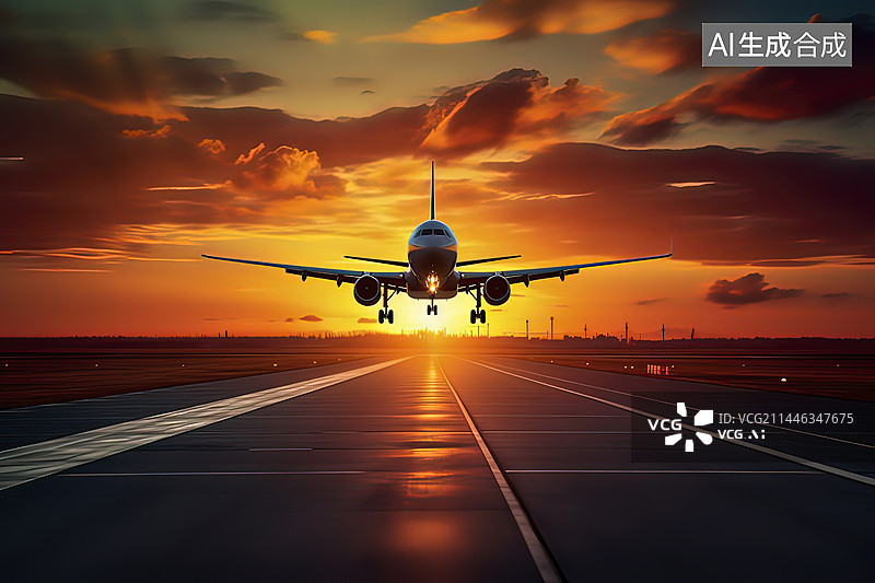 【AI数字艺术】日落飞机在跑道上降落图片素材