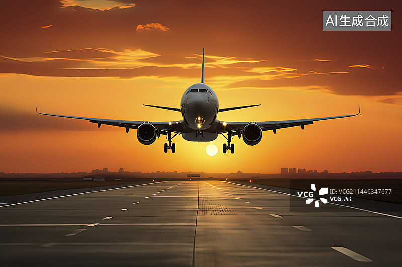 【AI数字艺术】日落飞机在跑道上降落图片素材
