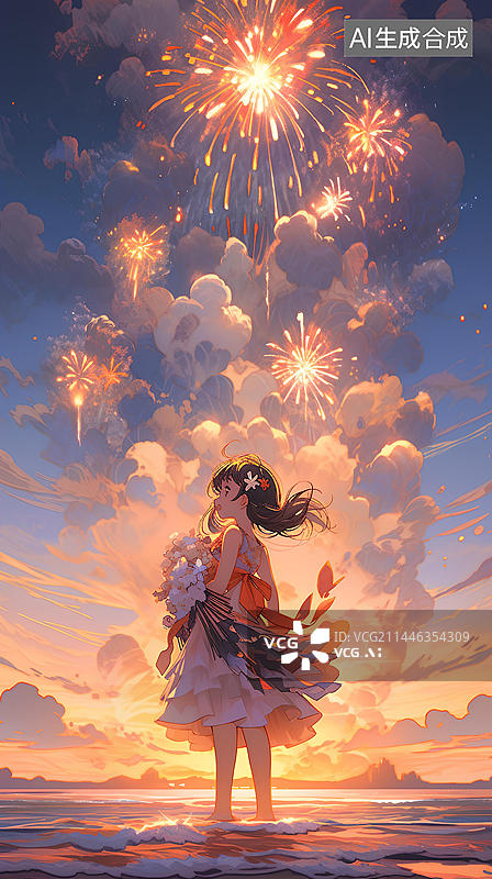 【AI数字艺术】在海边捧着星星的女孩壁纸背景图片素材