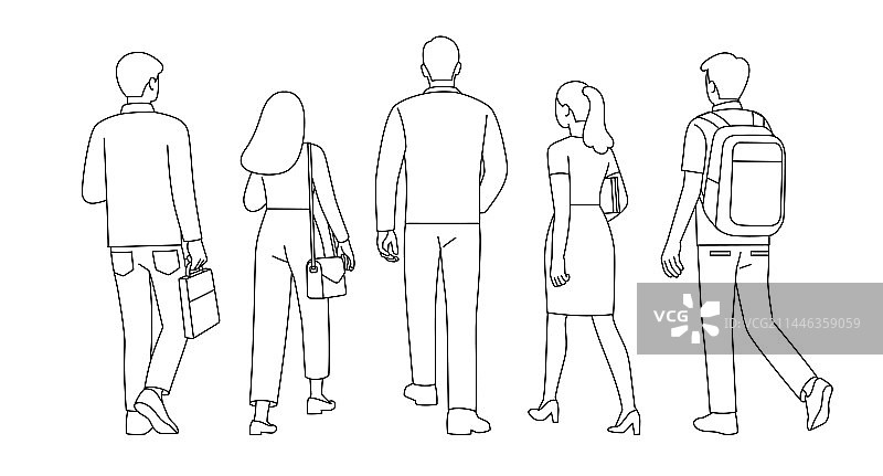 青年男女走路背影矢量线条插画图片素材