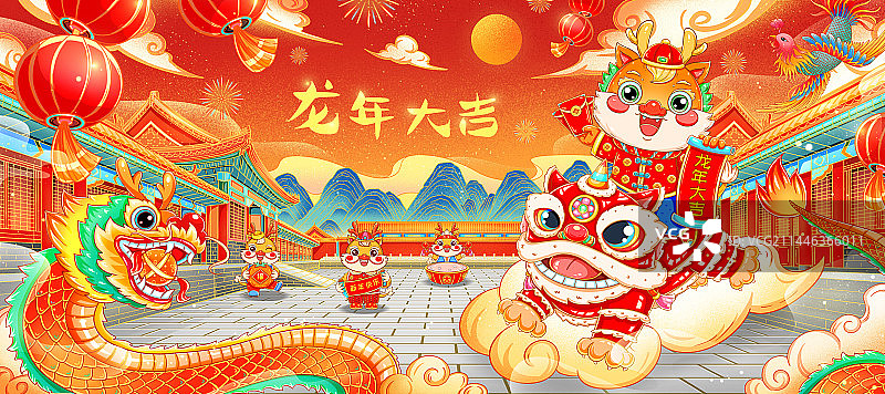 国潮故宫龙年大吉龙凤吉祥插画图片素材