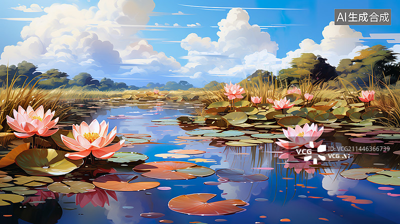 【AI数字艺术】水彩风格秋日荷塘荷花残荷插画背景图图片素材
