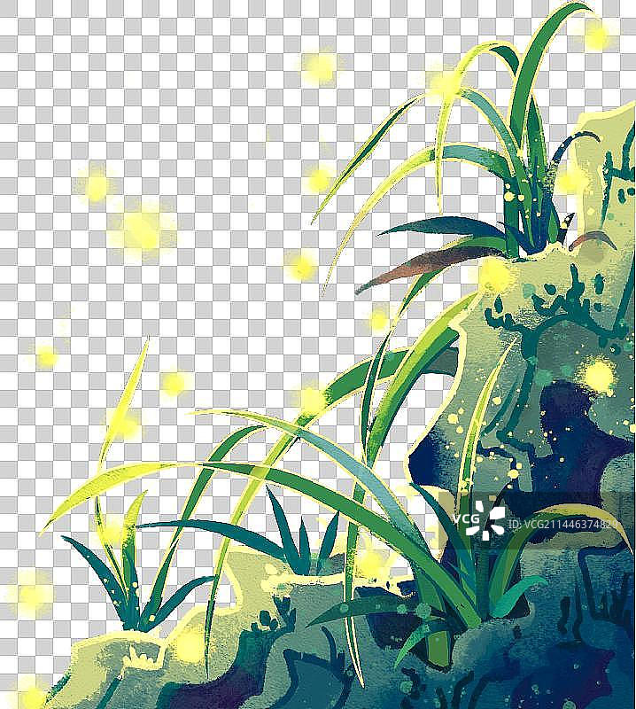 假山草丛中的萤火虫图片素材