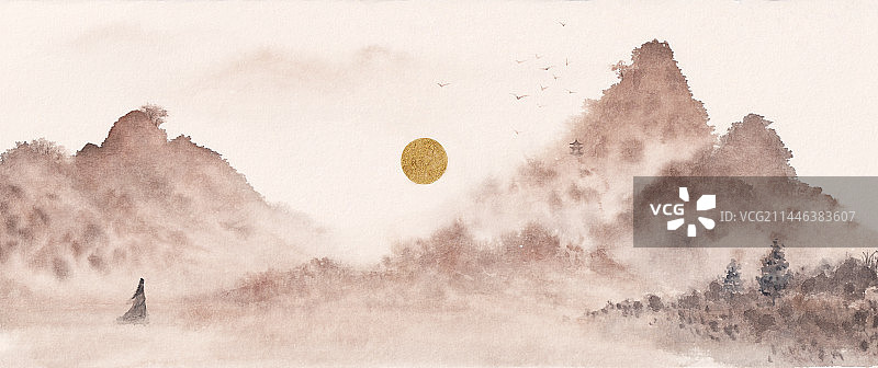 水彩山水唯美风景图片素材