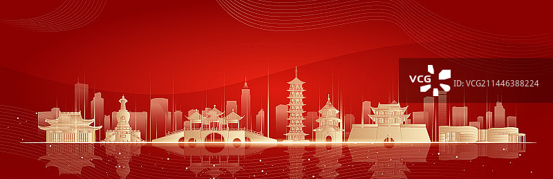 扬州城市地标建筑红色大气矢量插画海报图片素材