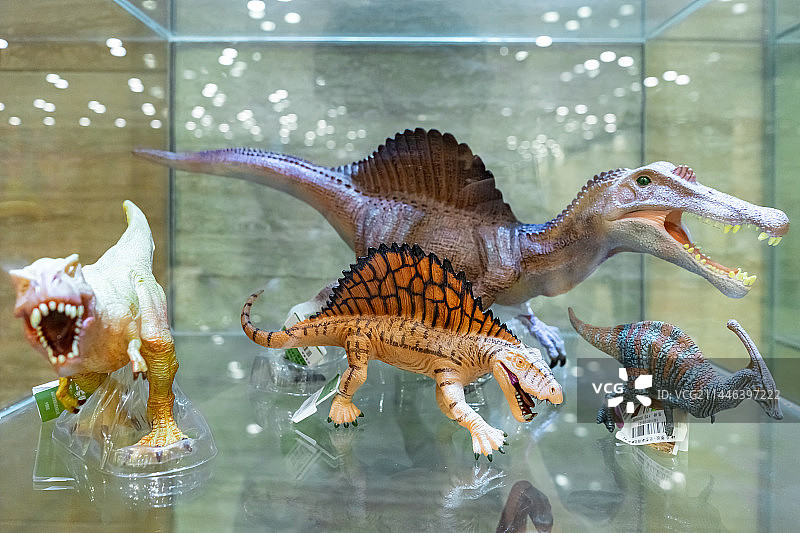 中国野生动物园拍摄主题，野生动物园里的恐龙头塑胶橡胶树脂材料模型雕像，室内无人图像摄影图片素材