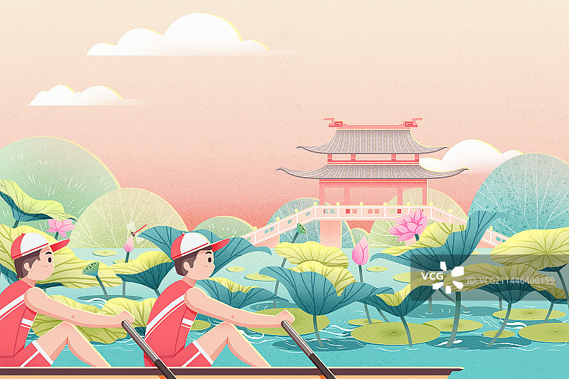 杭州西湖十景曲院风荷与亚运项目赛艇图片素材