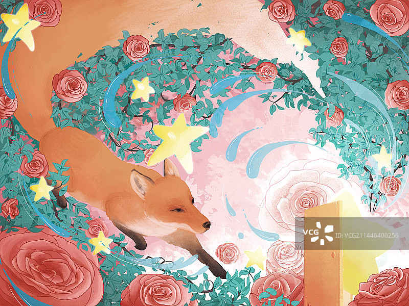 狐狸和玫瑰花丛创意插图图片素材