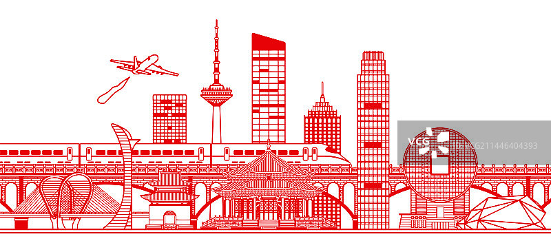 剪纸风格辽宁沈阳城市建筑群插画图片素材