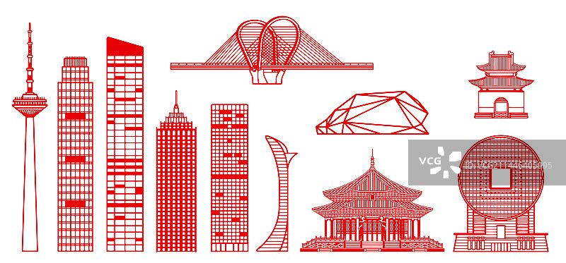 剪纸风格辽宁沈阳城市建筑群插画图片素材