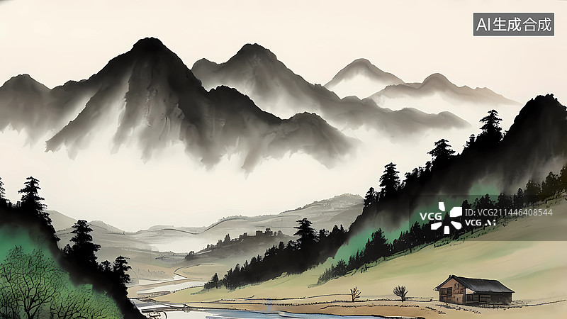 【AI数字艺术】水墨山水风景插画图片素材