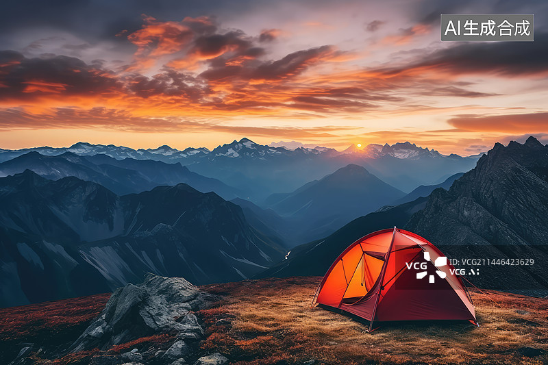 【AI数字艺术】夕阳下山顶上的帐篷图片素材