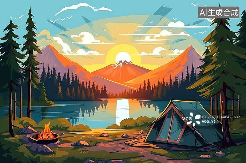 【AI数字艺术】落日时山区湖泊边的露营地图片素材