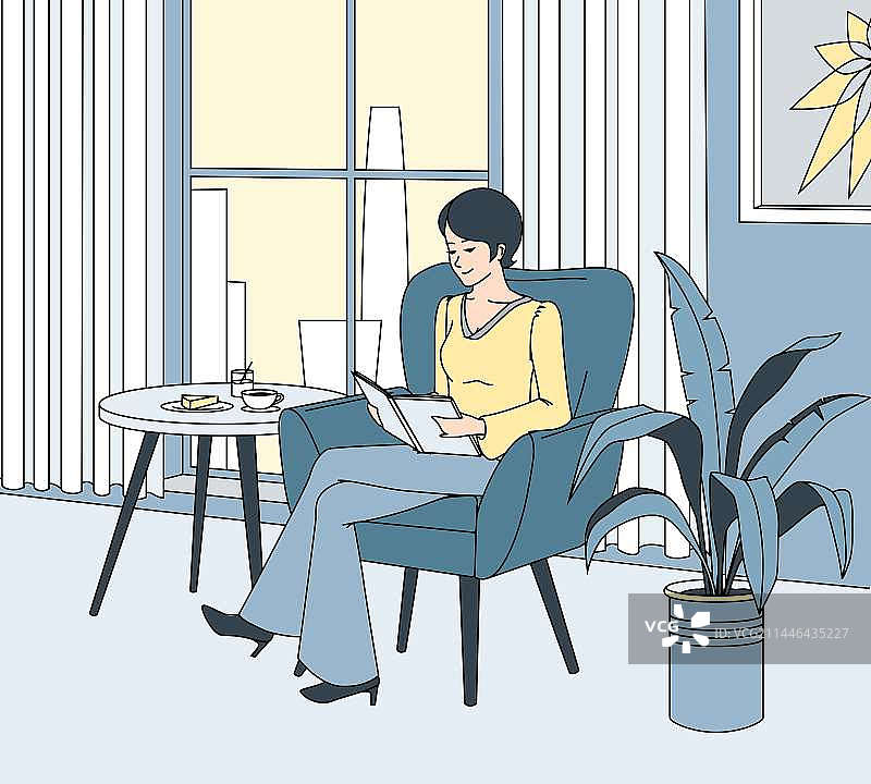 一个短发年轻女人翘腿坐在沙发上低头看书矢量插画图片素材