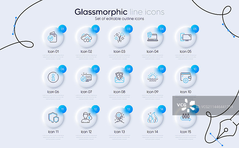 一组队列、电脑、指纹和钱包线性图标图片素材