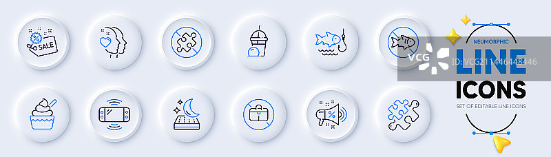 促销喇叭、钓鱼和心形线条图标图片素材